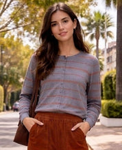 Load image into Gallery viewer, Ellie Stripe Cardi – Charcoal/Camel