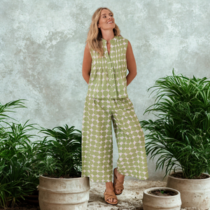 Shirred Waist Cotton Pant - Pistachio Spot