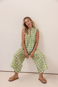 Shirred Waist Cotton Pant - Pistachio Spot