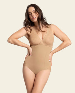 Sheer Instinct Sheer Stripe Detail Sculpting Bodysuit Golden Beige