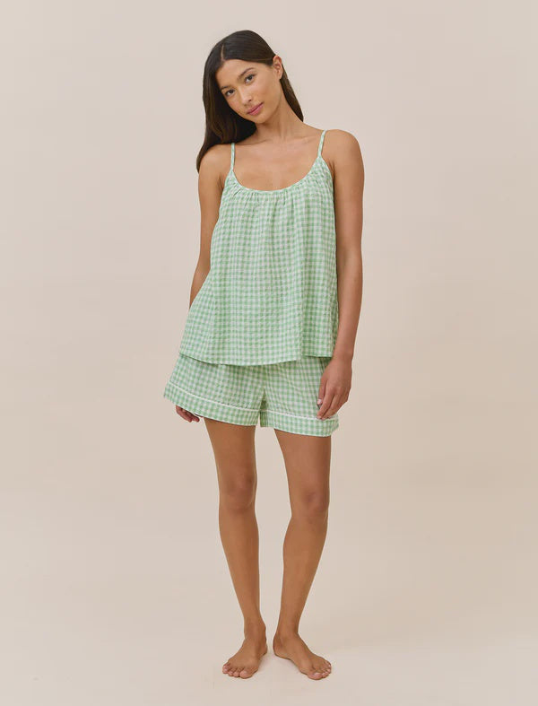Seersucker Gingham Cami Boxer PJ - Apple Green