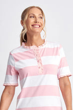 Load image into Gallery viewer, Yarn Dyed Stripe Frill Henley Cotton Tee Tickle Pink/White
