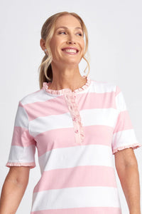 Yarn Dyed Stripe Frill Henley Cotton Tee Tickle Pink/White