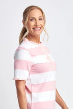 Load image into Gallery viewer, Yarn Dyed Stripe Frill Henley Cotton Tee Tickle Pink/White
