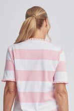 Load image into Gallery viewer, Yarn Dyed Stripe Frill Henley Cotton Tee Tickle Pink/White
