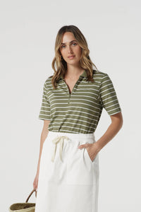 Zip Cotton Polo - Sage/White