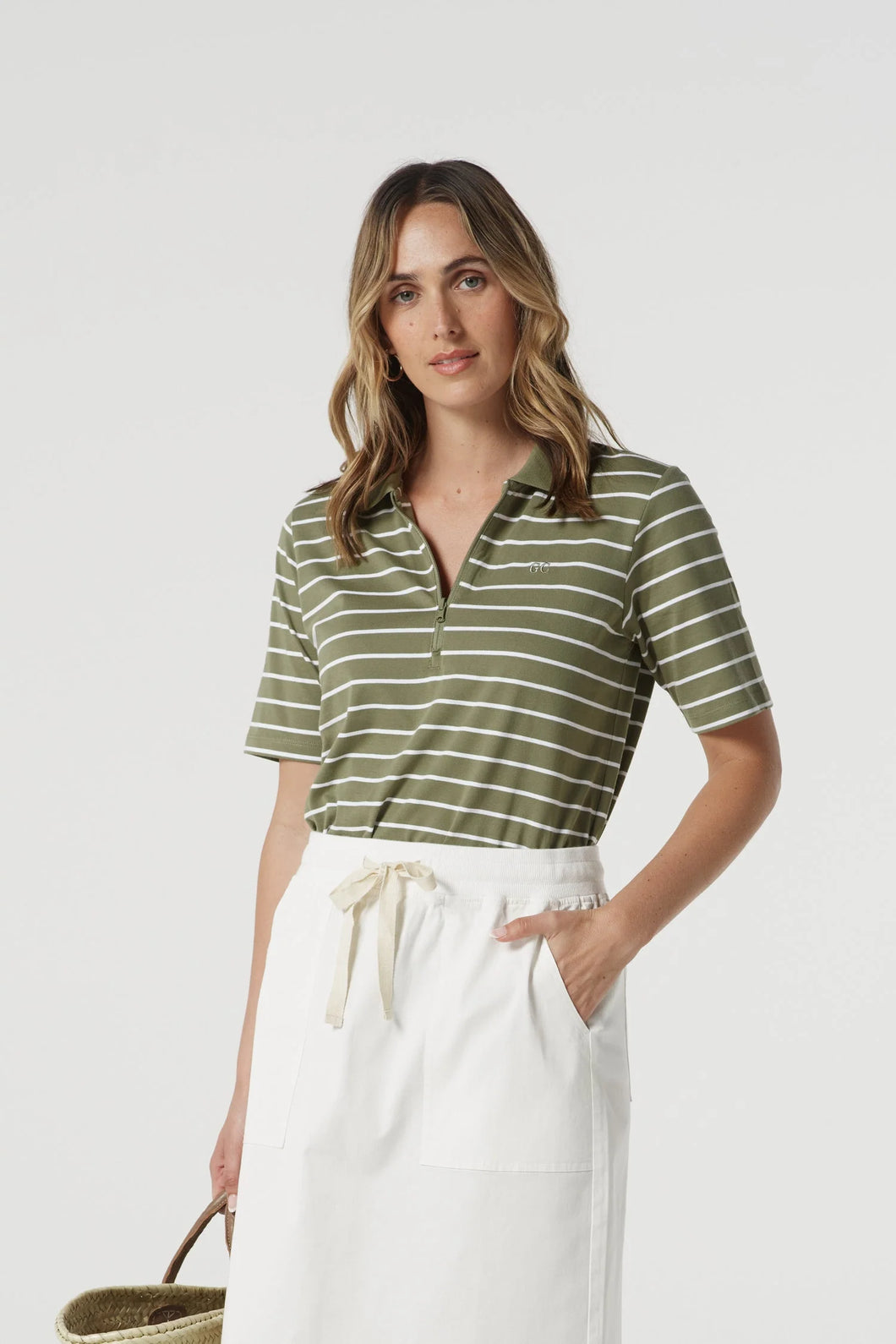 Zip Cotton Polo - Sage/White