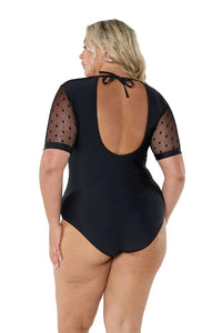 Black Mesh Polkadot Short Sleeve One Piece