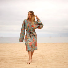 Load image into Gallery viewer, Cotton Kimono Bathrobe Frida Waffle Robes Blue Floral Print
