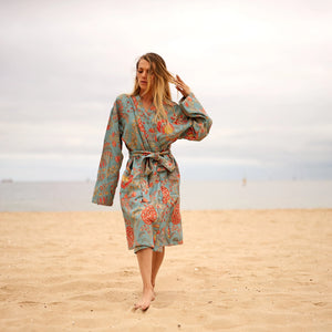 Cotton Kimono Bathrobe Frida Waffle Robes Blue Floral Print