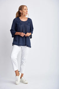 Cotton Trapeze Top With Embroidery Navy