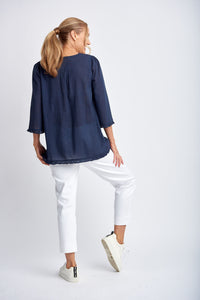 Cotton Trapeze Top With Embroidery Navy