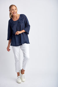 Cotton Trapeze Top With Embroidery Navy