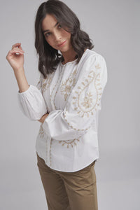 Goondiwinidi Embroidered Button Through Top White/Latte