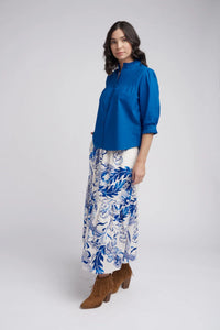 Goondiwindi 3/4 Sleeve Frill Collar Cotton Shirt Opal Blue