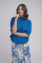 Load image into Gallery viewer, Goondiwindi 3/4 Sleeve Frill Collar Cotton Shirt Opal Blue
