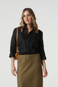 Island Linen 3/4 Sleeve Frill Shirt - Jet Black