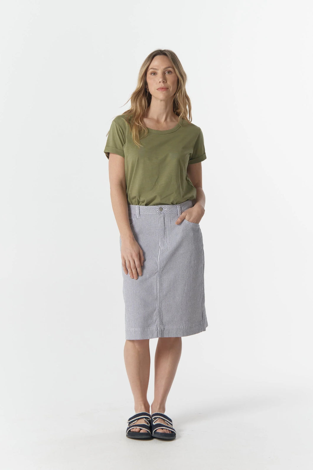 5 Pocket Knee Length Skirt - Navy/White