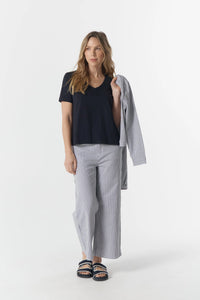 5 Pocket Crop Wide Leg Jean - Navy/White