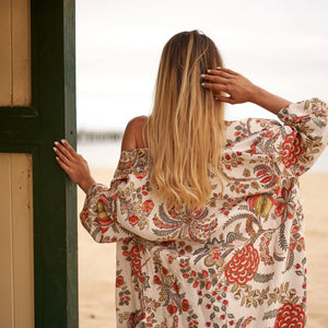 Cotton Kimono | Bathrobe Frida | Waffle Robes - Bone Floral