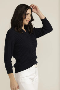 Cotton 3/4 Sleeve Cable Collared Knit Navy