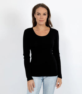 Pure Merino Wool Rib Long Sleeve Top / Black