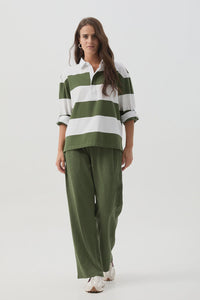 Boyfriend Wide Stripe Cotton Rugby White/Bronze Green