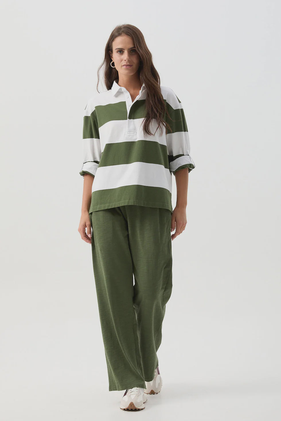 Boyfriend Wide Stripe Cotton Rugby White/Bronze Green