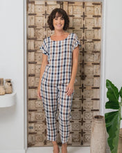 Load image into Gallery viewer, Linen Button Back Cap Sleeve Navy/Bronze Check Top
