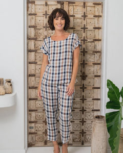 Linen Button Back Cap Sleeve Navy/Bronze Check Top