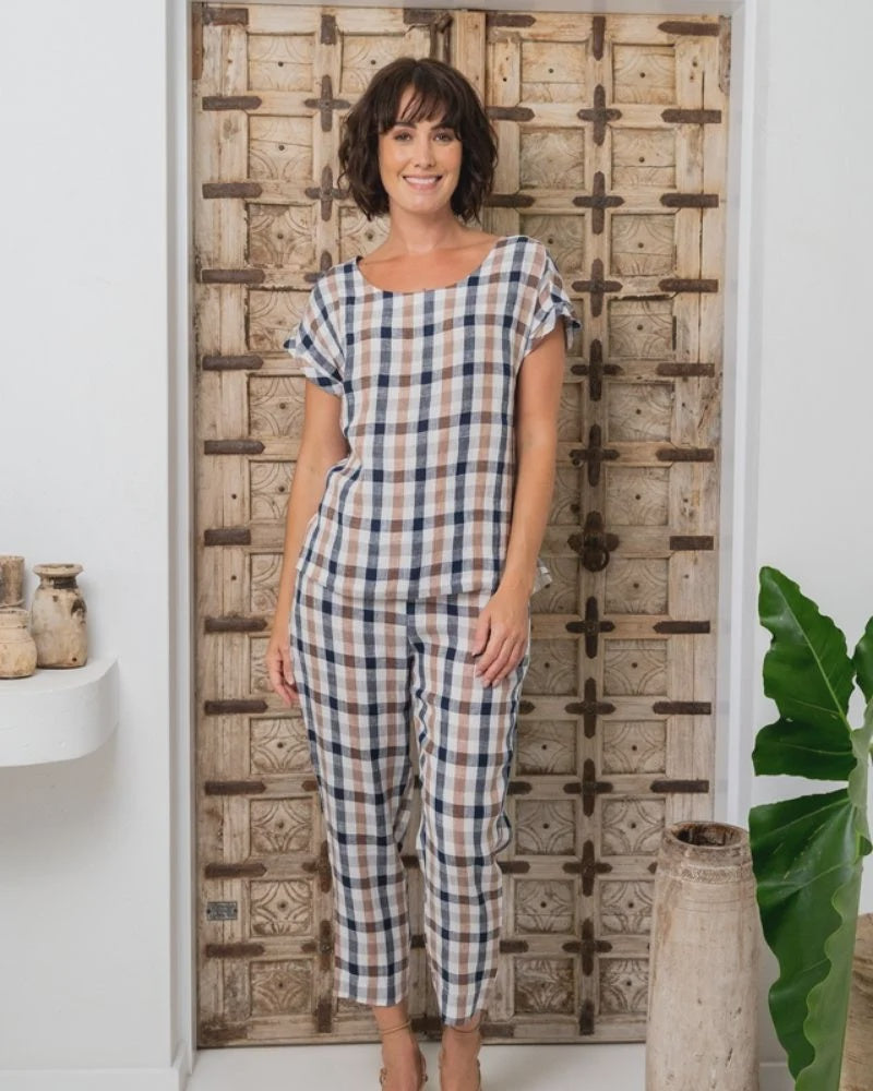 Linen Button Back Cap Sleeve Navy/Bronze Check Top