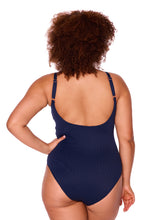 Load image into Gallery viewer, Chevron Jacquard Navy Front Wrap One Piece

