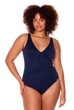 Load image into Gallery viewer, Chevron Jacquard Navy Front Wrap One Piece
