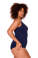Load image into Gallery viewer, Chevron Jacquard Navy Front Wrap One Piece
