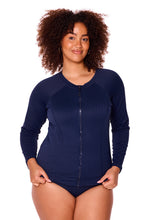 Load image into Gallery viewer, Chevron Jacquard Navy Zip Front Long Sleeve Rash Top
