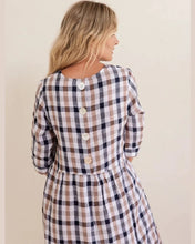 Load image into Gallery viewer, Linen Button Back Cap Sleeve Navy/Bronze Check Dress
