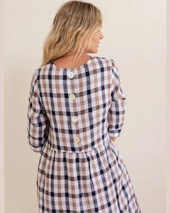 Linen Button Back Cap Sleeve Navy/Bronze Check Dress
