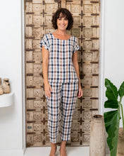 Load image into Gallery viewer, Linen Button Back Cap Sleeve Navy/Bronze Check Top
