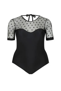 Black Mesh Polkadot Short Sleeve One Piece