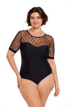 Load image into Gallery viewer, Black Mesh Polkadot Short Sleeve One Piece
