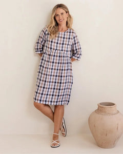 Linen Button Back Cap Sleeve Navy/Bronze Check Dress