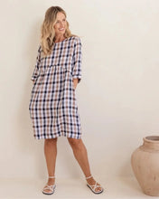Load image into Gallery viewer, Linen Button Back Cap Sleeve Navy/Bronze Check Dress

