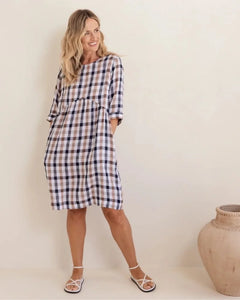 Linen Button Back Cap Sleeve Navy/Bronze Check Dress