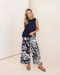 Linen Button Back Top  Navy