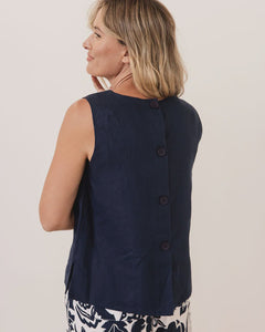 Linen Button Back Top  Navy