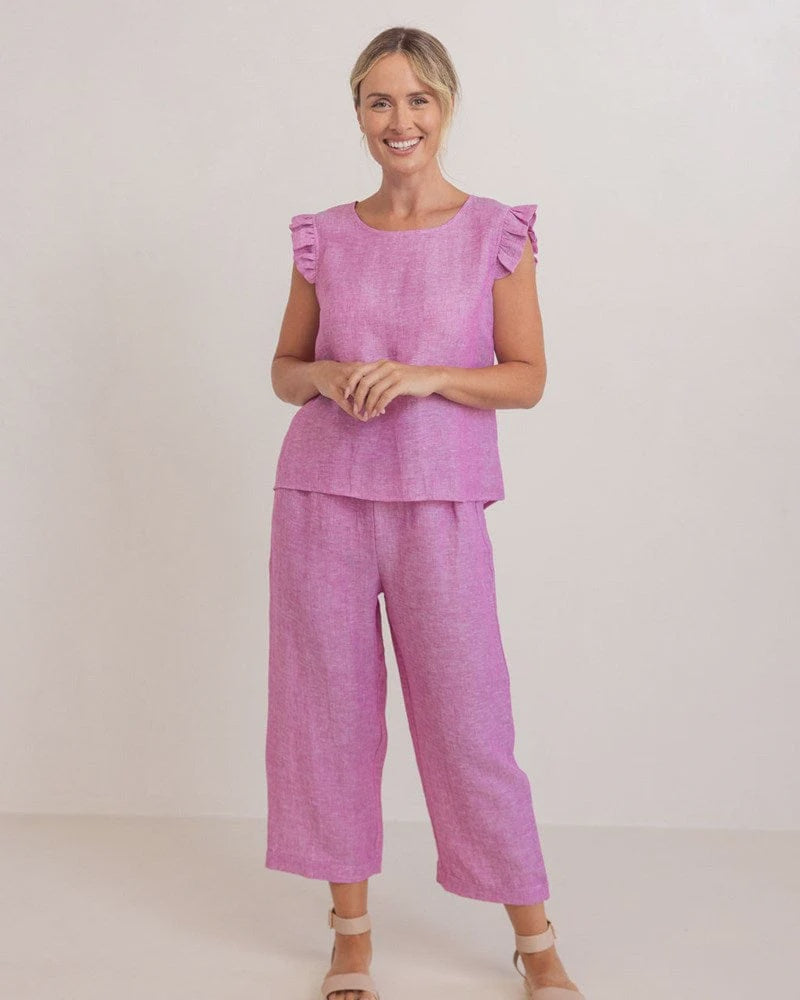 Ruffle Sleeve Button Back Top Raspberry