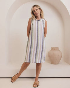 100% Linen Button Back Dress Pin Stripe Multi