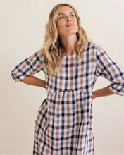 Load image into Gallery viewer, Linen Button Back Cap Sleeve Navy/Bronze Check Dress
