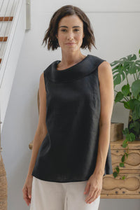 Linen Button Back Cowl Neck Top Black