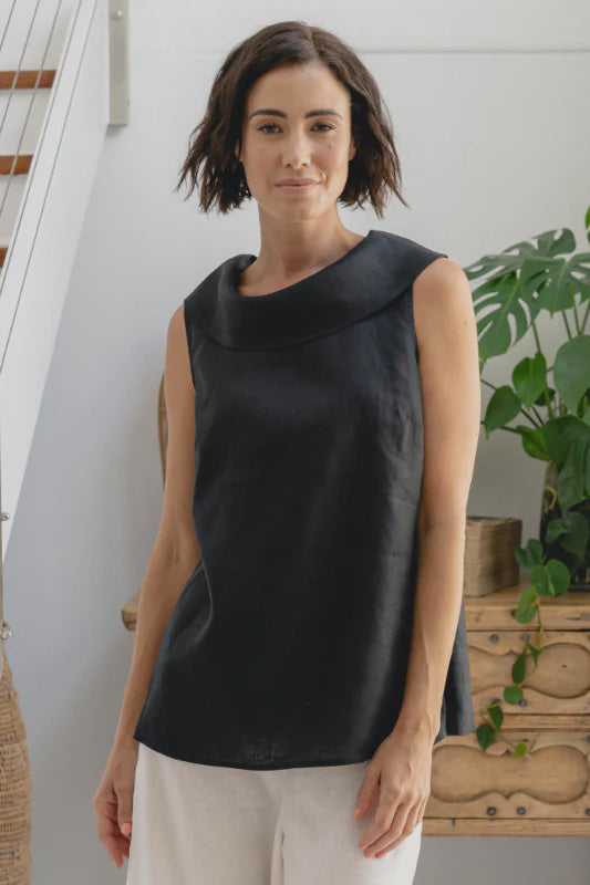 Linen Button Back Cowl Neck Top Black